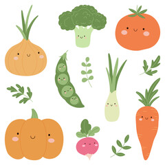 Cute vector set of smiling vegetables with faces and herbs on white background