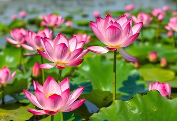 Obraz premium Pink lotus flower blossoms emerge from serene lake water, nature, still