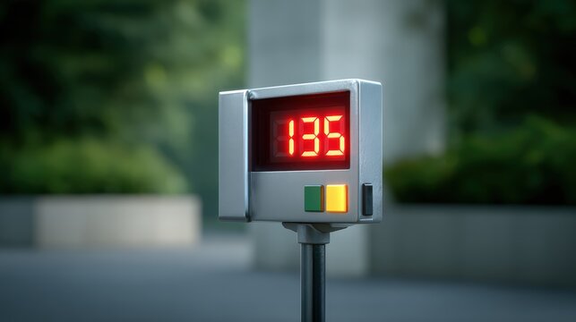 World economy in crisis, Digital parking meter displaying the number 135 with green and yellow buttons, set against a blurred outdoor background.