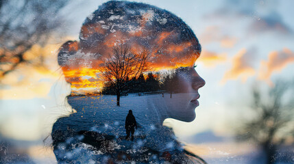 Dreamlike winter sunset with double exposure of a woman's profile and a solitary figure in a snowy landscape