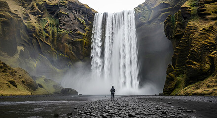 A person standing on a rocky shore facing a large waterfall surrounded by mossy cliffs and mist