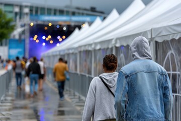 People walk together towards a stage outlined by white tents, with cloudy skies above, showcasing a sense of anticipation for an upcoming event or concert.