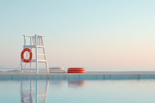 Lifeguard chair by calm pool, vibrant lifebuoys contrast serene