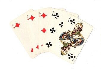 A hand of old playing cards from Russia isolated on a white background.