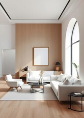 Fototapeta premium Interior design of modern living room with accent white armchair and frame on wallwhite sofa and accent coffee table against arch walljapandi interior design of modern living room minimalist ai E