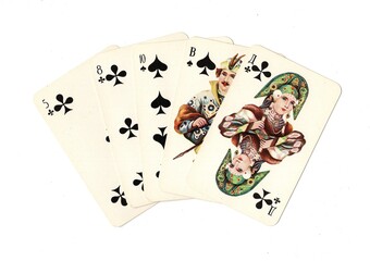 A hand of old playing cards from Russia isolated on a white background.