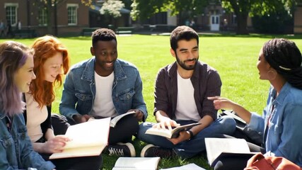 Six diverse students gather on a college lawn, sharing books and engaging in discussion. They enjoy a sunny day, fostering collaboration and friendship while studying together - Powered by Adobe