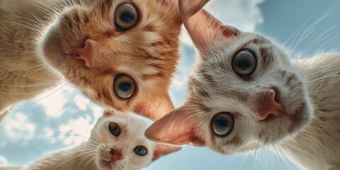 Three cats are looking up from a low angle, with their faces close together. The bright sky in the background contrasts with their fur, creating a lively and engaging scene.