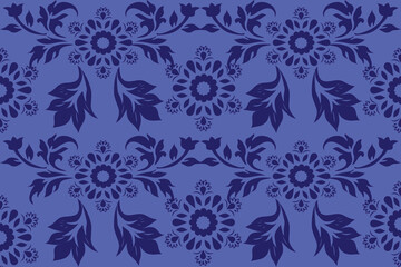 Fototapeta premium This fabric features a symmetrical floral pattern in deep blue tones on a lighter blue background. This design includes stylized flowers and flowing leaves, creating a bold yet elegant vintage look.