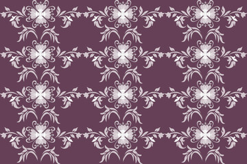 This fabric showcases a repeating floral motif with white ornate flowers and vines on design creates a class and elegant vintage aesthetic.