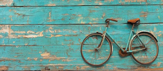 Vintage bicycle against a weathered turquoise wooden wall capturing rustic charm