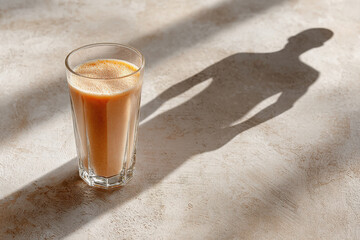Glass of smoothie casting human silhouette on wall in sunlight, symbolizing strength, health, power, fitness, and transformation. Copy space
