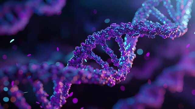 A purple DNA strand with a blue and purple background. The strand is very long and has a lot of detail