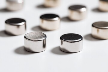 Shiny, cylindrical magnets arranged in an artistic layout on whi