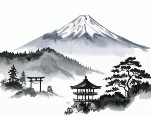 Misty Fuji with pagoda silhouette. Japan ink scene with fog and temple. Classic sumi-e of Fuji and torii. Serene mountain view with shrine. Ancient temple under Mt. Fuji  © Joko