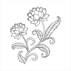 Detailed black and white line drawing of two lotus flowers with leaves and stems, isolated on white background