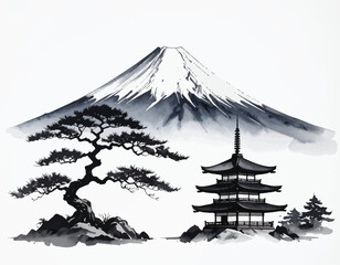 Zen Landscape with Mount Fuji. Fuji and Pine Tree Ink Drawing. Japanese Culture in Ink Painting. Mt Fuji Black and White Art. Classic Sumi-e Fuji Scene © Joko