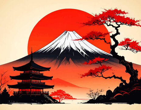 Japan sunset with Mt. Fuji and pagoda art. Red sun, Fuji mountain. Japanese landscape with red maple and temple. Traditional Japan art with sun and Fuji view. Zen mountain view with pagoda and red sky