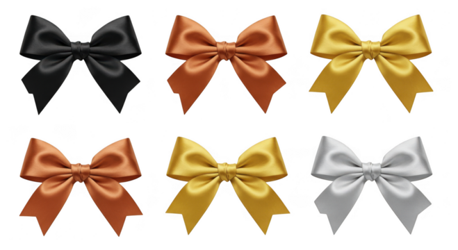 Six satin bows in black, copper, gold, and silver isolated on transparent background