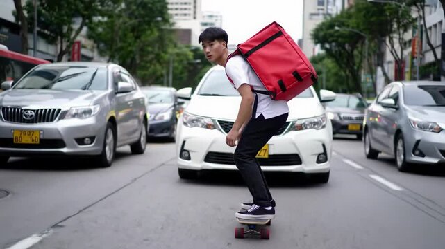 Food delivery rider on a skateboard with a backpack navigating a busy city street
