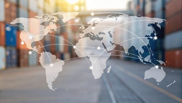 Defocused global map overlay with supply chain routes and distribution hubs
 - Powered by Adobe