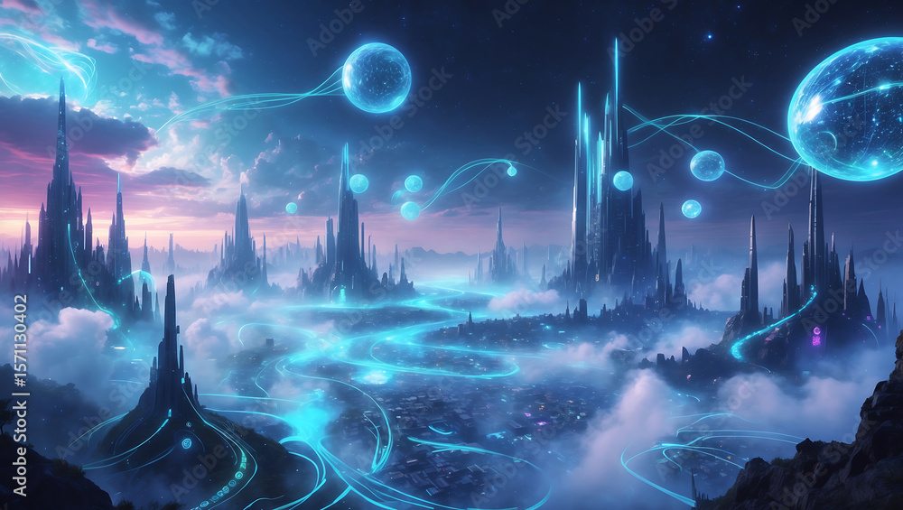 Poster futuristic cityscape with floating spheres and digital networks overlooking a cloudscape