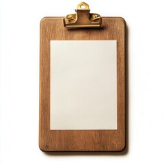 Blank paper on wooden clipboard with golden clip isolated on white background