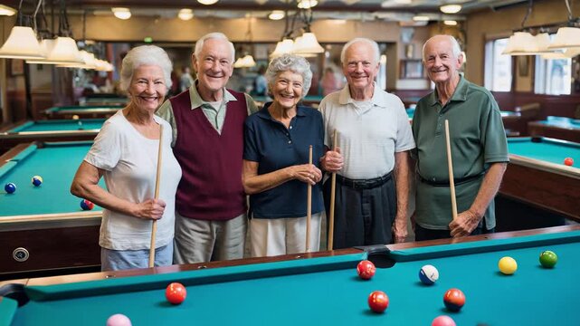 Happy seniors enjoying billiards game at local club. Active retirement community members gather around pool table. Enthusiastic elderly friends spending quality time together in recreation center.