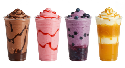 Four colorful blended drinks with toppings isolated on transparent background