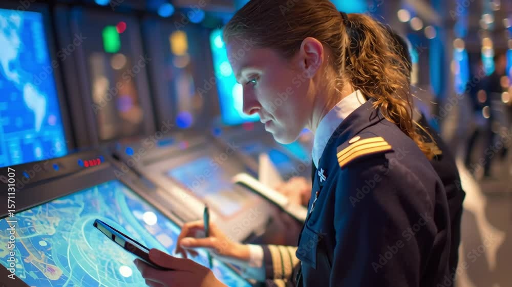 Poster two female navy officers are working on navigation computers and taking notes in the control room of