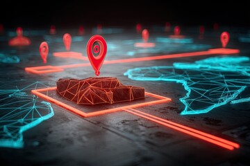 Digital map with highlighted location.  Red location pin marks a stylized geographical area on a network of interconnected lines.  Neon glow illuminates the map's elements