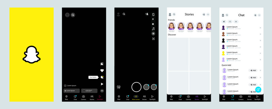 Snapchat mockup. Snapchat logo. Set Snapchat screen social media and social network interface template. Snapchat button. Vector illustration. Editorial