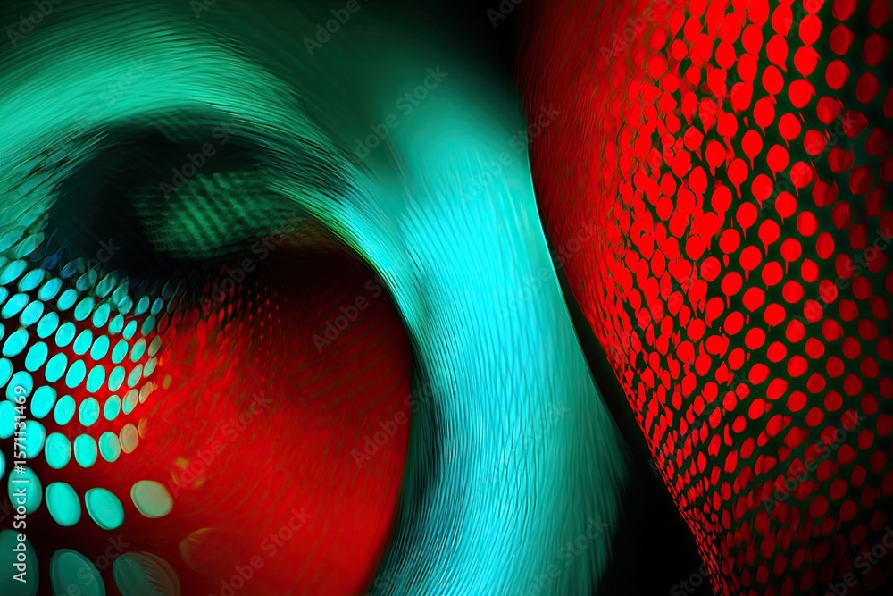 Poster abstract swirling vortex of teal and red light with dotted patterns