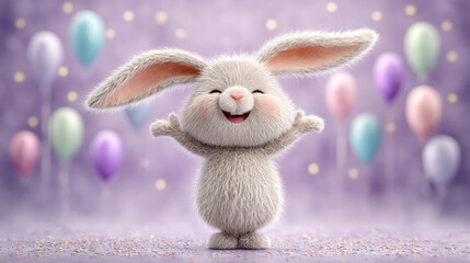 Rabbit cartoon, A colorful 3D illustration of a dancing rabbit at a party scene.