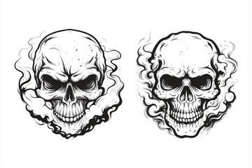 Skull illustrations surrounded by swirling smoke, isolated on white background, showcasing a blend of horror and vintage tattoo art