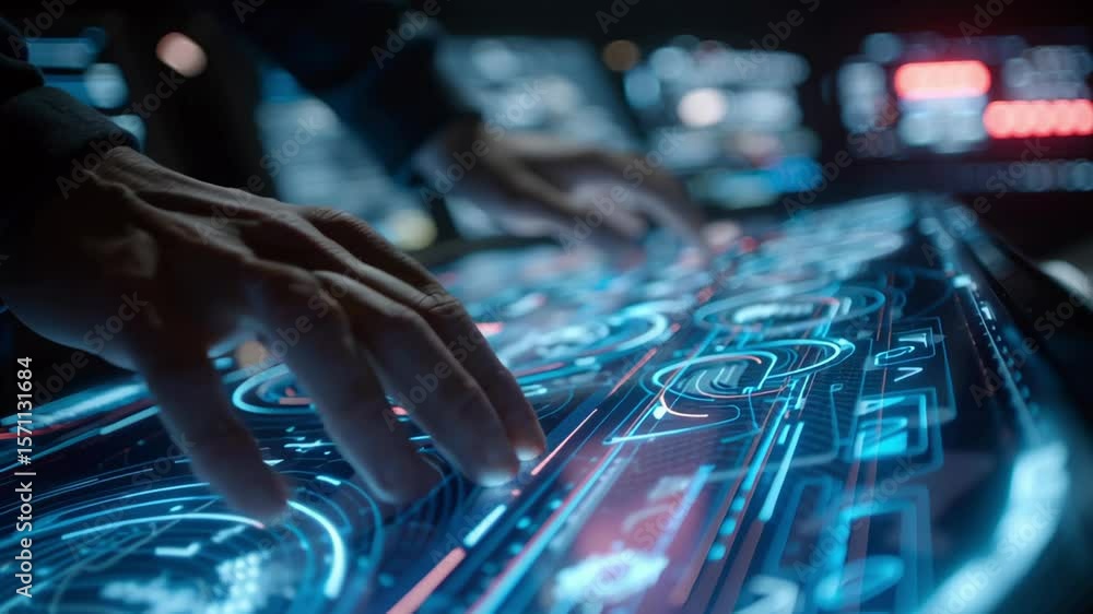 Poster close up of a hand interacting with an advanced digital touchscreen interface, featuring glowing blu
