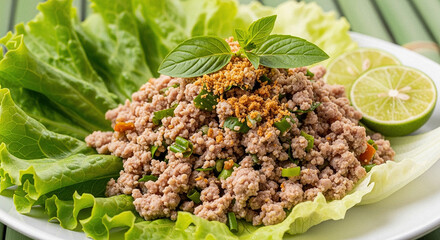 Laotian Larb Minced Meat Salad with Bamboo Forest Green Background