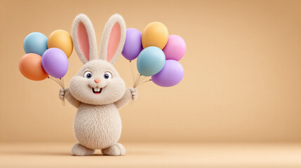 Rabbit cartoon, Excited 3D rabbit cartoon with colorful balloons for fun designs.