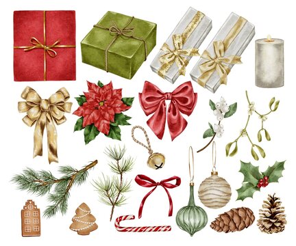 Large watercolor Christmas clipart set gift bows poinsettia candles pine branches mistletoe snowberry holly baubles jingle bell cookies and pinecones. for cards packaging textile design scrapbooking