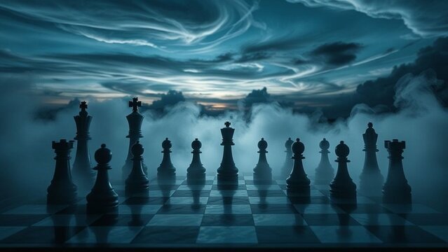 
"A chessboard dissolving its borders during midnight games"

