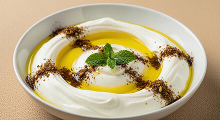 Lebanese Labneh with Olive Oil and Za’atar, Desert Sand Beige Background