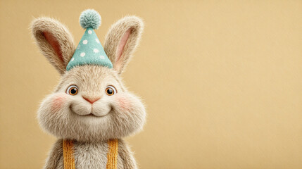 Rabbit cartoon, Festive rabbit cartoon character with a party hat in 3D style.