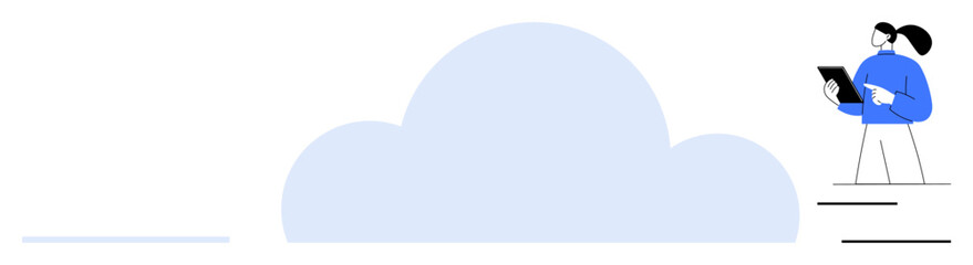 Person reviewing information on tablet near cloud icon and steps, representing cloud computing, analysis, storage. Ideal for technology, innovation, data management, planning, productivity