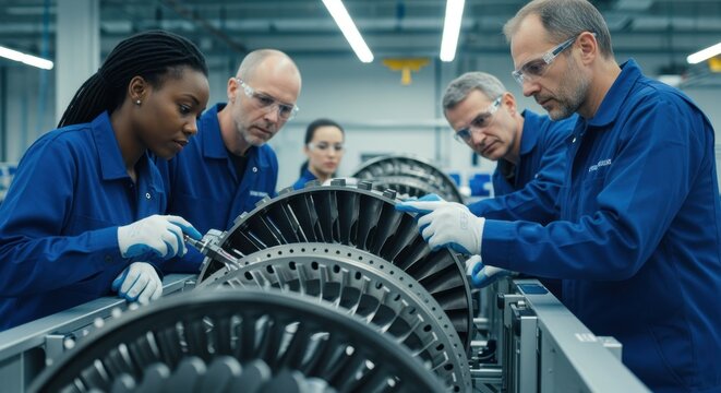 Diverse team of engineers wearing safety glasses and gloves, meticulously inspecting and assembling a large turbine engine within a brightly lit, advanced manufacturing facility