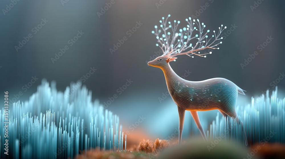 Poster Conceptual images of silent technology and nature merging in abstract harmony concept. Holographic deer with translucent data particles