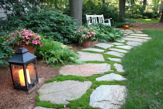 A winding flagstone path meanders through a lush garden, illuminated by a lantern.  A white wooden bench sits beside the path, surrounded by vibrant plantings