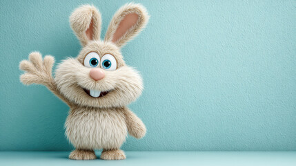 Rabbit cartoon, Friendly cartoon rabbit waving its paw in a 3D illustration.