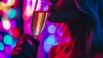 A close-up image of a woman sipping champagne from a glass, surrounded by vibrant neon lights and a vibrant, colorful background, capturing a festive and enchanting atmosphere.