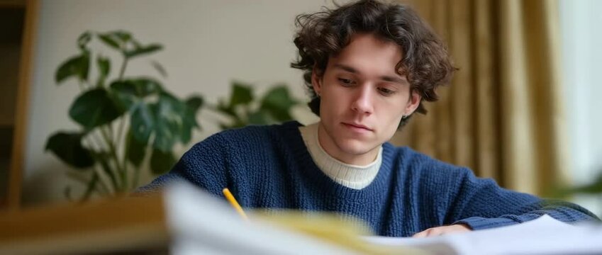 Focused young man studying at home with determination and concentration