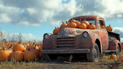An old truck, full of pumpkins, sits in the pumpkin patch